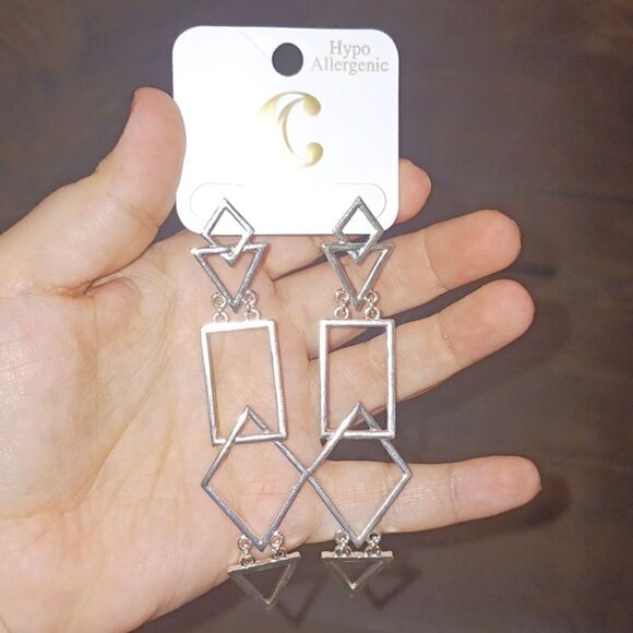 3 for 26 - Charming Charlie Triangle Rectangle Silver Drop Earrings - Picture 1 of 4